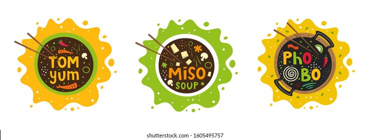 Tom yum, pho bo, miso soup in a bowl vector illustration of ingredients. Hand drawn food elements. Traditional dish vegetables. Restaurant poster.