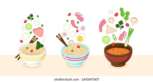 Tom yum, pho bo, miso soup in a bowl set. Traditional tasty meal with noodles and broth. Plate with mushrooms and seafood on white background. Colourful vector illustration