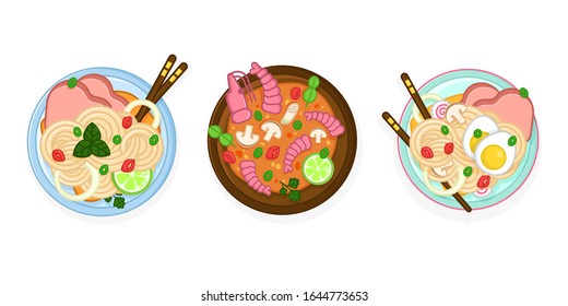 Tom yum, pho bo, miso soup in a bowl set. Traditional tasty meal with noodles and broth. Plate with mushrooms and seafood on white background. Top view colourful vector illustration