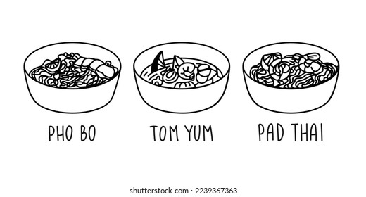 Tom yum  Pho Bo soup bowl  Pad thai in hand drawn doodle style  Asian food for restaurants menu