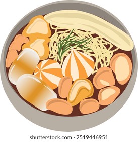 Tom Yum is a popular Thai soup known for its bold, spicy, and sour flavors. This vector illustration showcases a traditional bowl of Tom Yum