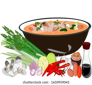 Tom Yum, pork or chicken ingredients, spring onion, coriander, lemongrass, garlic, chilli, fish sauce, sugar, lime, Thai food, spicy curry