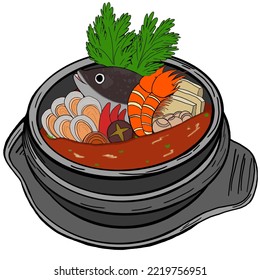 Tom yum seafood, Groupers fish, Tom yum kung thai hot spicy on hot pot tasty seafood soup vector image