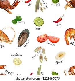 Tom Yum Seafood seamless pattern