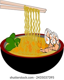 Tom yum fideos de camarón con palillos ilustración vectorial.