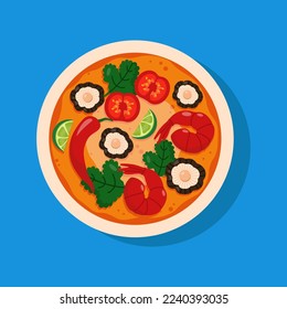 Tom yum with shrimp, tomatoes, mushrooms, chili pepper and lime. Hot Thai soup on blue background.