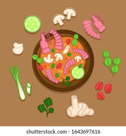 Tom yum soup in a bowl with ingredients. Traditional spicy thai meal with seafood and broth. Plate with mushrooms and lime on brown background. Colourful vector illustration