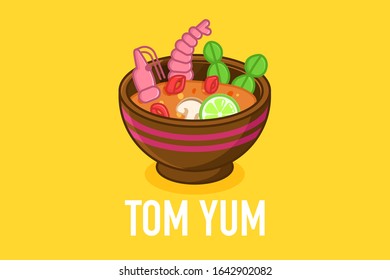 Tom yum soup in a bowl. Traditional spicy thai meal with seafood and broth. Plate with mushrooms and lime on yellow background. Colourful vector illustration