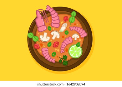 Tom yum soup in a bowl. Traditional spicy thai meal with seafood and broth. Plate with mushrooms and lime on yellow background. Colourful vector illustration