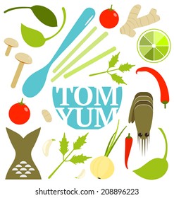 Tom Yum Soup Food Set. Asian spicy seafood dish. Vector layered EPS8 illustration.