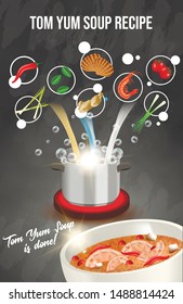 Tom Yum Soup Recipe Culinary Banner, Sauсepan with Boiling Water and Ingredients for Dish. Red Pepper, Onion, Ginger, Shrimps, Mussels, Tomatoes. Process of Cooking. Realistic 3d Vector Illustration