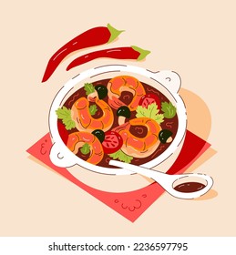 Tom Yum Soup. Sour-spicy soup with shrimp. Asian food. Vector illustration