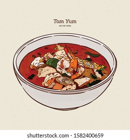 Tom Yum soup, Thai Food. hand draw sketch vector.