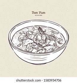 Tom Yum soup, Thai Food. hand draw sketch vector.