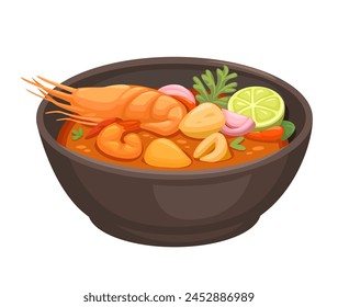 Tom Yum Soup Thailand Traditional Food Cartoon Illustration Vector