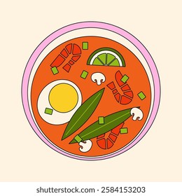 Tom Yum soup. Traditional thai soup bowl with shrimp, mushrooms and lime, asian cuisine food, spicy seafood pot healthy broth soups. Vector illustration