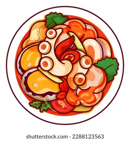 Tom Yum Talay - Thai spicy soup  illustration vector. thai seafood soup icon top view. Asian seafood soup with calamari, shrimp, mussel, mushrooms top view cartoon. Thai seafood menu icon top view.