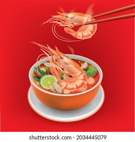 Tom yum Thai cuisine Hot pot Soup Seafood, Spicy Lobster Soup, food, animalsใBoiled shrimp in chopsticks. Cooked tiger prawn. Shrimp isolated on red background. Vector illustration