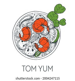 Tom yum, thai food. Hand drawn vector illustration. Sketch style. Top view. Vintage vector illustration.