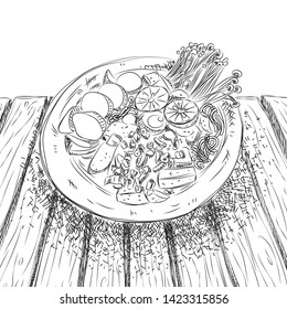 Tom Yum with tofu and fresh eggs with mushrooms sprinkled with coriander and scallion in sketch style on white background.