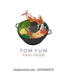 Tom Yum Vector Illustration Logo Thai Food Served On A Steam boat Frying Pan