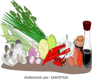 Tom yum Vegetables condiments , chilli, lemongrass, onion, garlic, lemon, spring onion, coriander, tomato, fish sauce, sugar