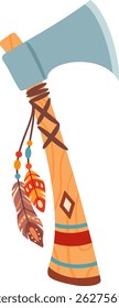 Hacha Tomahawk con un mango de madera adornado con plumas y cuentas vibrantes, que representan un arma y herramienta tradicional de los nativos americanos, que encarna un rico simbolismo cultural
