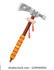 Tomahawk axe. Light ax used as a tool or weapon by American Indians. Weapon with traditional native design. Flat vector illustration isolated on white background.