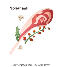 Tomahawk fresh  meat. Cartoon steak with tomato, rosemary and mushrooms. Food for bbq, meal from butcher shop isolated, meat for menu. Vector illustration