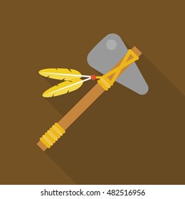 tomahawk native american axe with feather illustration vector icon, flat design