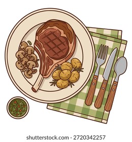 Tomahawk Ribeye Steak con patatas asadas y Ilustración vectorial de champiñones