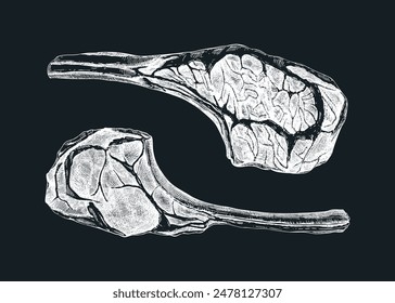 Tomahawk steak sketches. Vector meat drawing on chalkboard. Hand drawn food illustrations. NOT AI generated