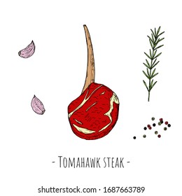 Carne Tomahawk. Dibujo de dibujos animados. Objeto aislado en un fondo blanco. Estilo dibujado a mano.