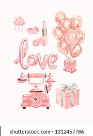 Tomantic set of female objects. Good for wrapping, card or poster. Rose gold set of different accessorises.