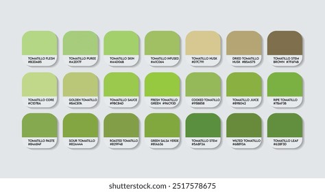 Paleta de cores Tomatillos, Paleta do guia de cores Tomatillos com nomes de cores. Catálogo Amostras de verde com códigos RGB HEX. plástico, pintura, variações verdes naturais, moda tendência Tomatillos cores sombras