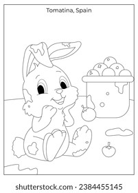 Tomatina Spanish holiday celebration with cute rabbit coloring page for kids