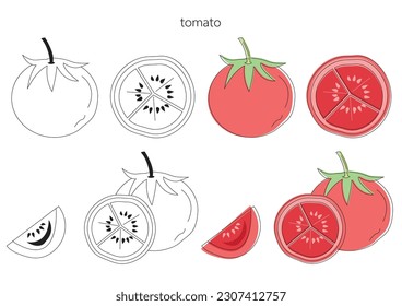 Tomate-2D-Sammlung, voll mit Früchten und halbiert