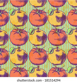Tomato and apple sketch, vector seamless pattern