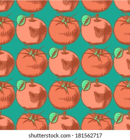 Tomato and apple sketch, vector seamless pattern