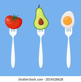 Tomato, avocado, egg on forks Concept of diet. Vector illustration. EPS 10