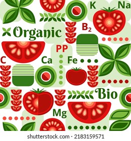 Tomato background with design elements in simple geometric style. Seamless pattern. Good for branding, decoration of food package, cover design, decorative print, background. Vector illustration
