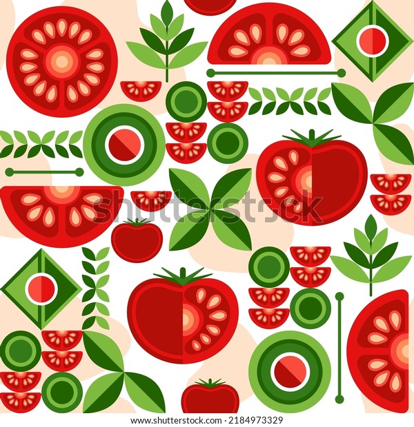 Tomato background with restaurant wallpaper mural design elements in simple geometric style. Seamless pattern. Good for branding, decoration of food package, cover design, decorative print, background. Vector illustration.