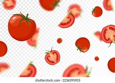 Fondo de tomate. Caer tomates maduros frescos desde diferentes ángulos. aislado en un fondo transparente. Volando desenfocando el tomate rojo. Aplicable a ketchup, publicidad de jugo. Vector plano.
