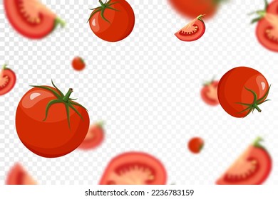 Tomatenhintergrund. Frische reife Tomaten aus verschiedenen Blickwinkeln fallen. einzeln auf transparentem Hintergrund. Fliegend dezentrierte rote Tomate. Anwendbar für Ketschup, Saft-Werbung. Vektorflach.