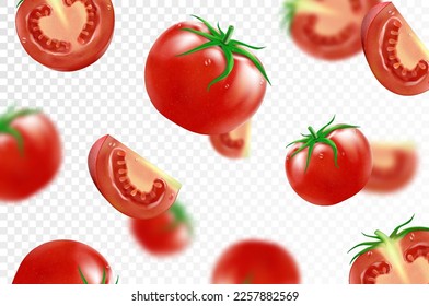 Tomatenhintergrund. Fallende frische reife Tomaten einzeln auf transparentem Hintergrund. Selektiver Fokus. Fliegend dezentrierte rote Tomate. Anwendbar für Ketschup, Saft-Werbung. Realistische 3D-Vektorgrafik