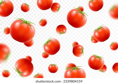 Tomato background. Falling fresh ripe tomatoes, isolated on transparent background. Selective focus. Flying defocusing red tomato. Applicable for ketchup, juice advertising. Realistic 3d vector