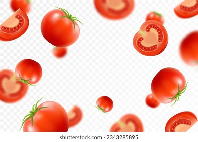 Fondo de tomate. Cayendo tomates recién maduros, aislados en un fondo transparente. Enfoque selectivo. Volando desenfocando el tomate rojo. Aplicable a ketchup, publicidad de jugo. Vector 3d realista