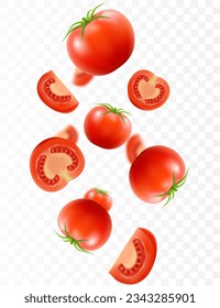 Fondo de tomate. Cayendo tomates recién maduros, aislados en un fondo transparente. Enfoque selectivo. Volando desenfocando el tomate rojo. Aplicable a ketchup, publicidad de jugo. Vector 3d realista