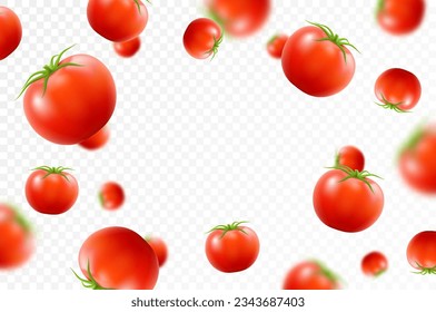 Fondo de tomate. Cayendo tomates recién maduros, aislados en un fondo transparente. Enfoque selectivo. Volando desenfocando el tomate rojo. Aplicable a ketchup, publicidad de jugo. Vector 3d realista