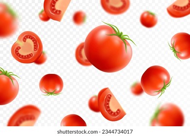 Tomato background. Falling fresh ripe tomatoes, isolated on transparent background. Selective focus. Flying defocusing red tomato. Applicable for ketchup, juice advertising. Realistic 3d vector